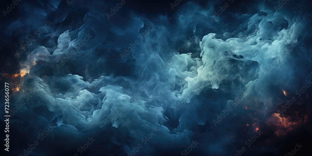 Dark blue abstract background in the form of clouds, fog, sky with bright flashes of orange color. Backdrop with swirling haze, smoke, steam Dark blue abstract background in the form of clouds, fog, sky with bright flashes of orange color. Backdrop with swirling haze, smoke, steam