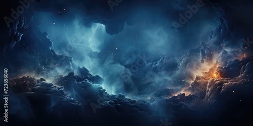 Dark blue abstract background in the form of clouds, fog, sky with bright flashes of orange color. Backdrop with swirling haze, smoke, steam © Diana Galieva
