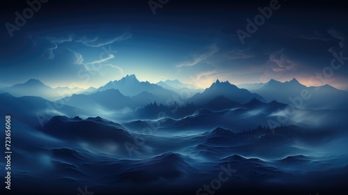 Dark blue abstract background. The image of the peaks of the mountains against the sky. A soft creeping fog