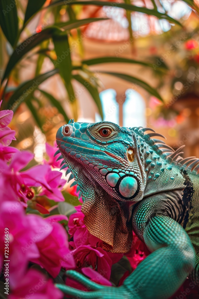 Obraz premium A colorful iguana blends beautifully with the vivid pink blossoms and tropical surroundings