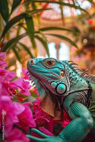 A colorful iguana blends beautifully with the vivid pink blossoms and tropical surroundings