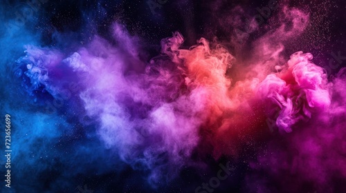 Vibrant pink, blue, and purple smoke clouds merge and swirl against a deep cosmic-like dark background