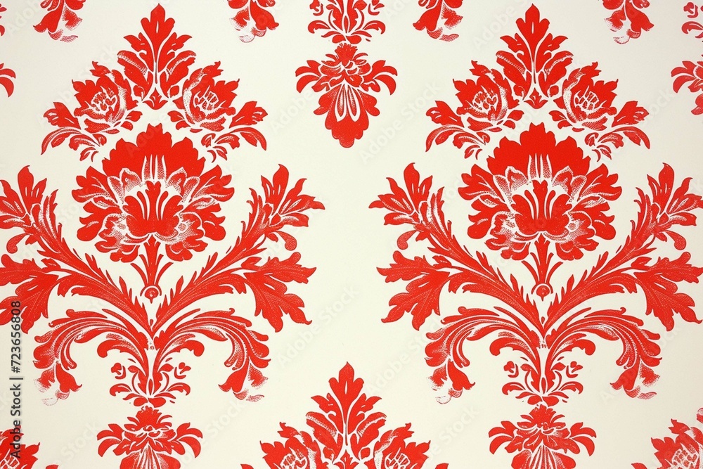 Red wallpaper vintage flock with red damask design on a white background retro vintage style - obrazy, fototapety, plakaty 