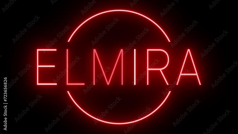 Flickering red retro style neon sign glowing against a black background for ELMIRA Flickering red retro style neon sign glowing against a black background for ELMIRA
