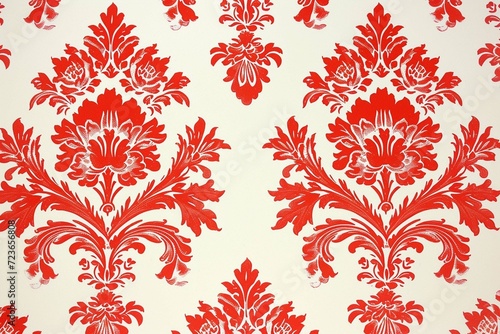 Red wallpaper vintage flock with red damask design on a white background retro vintage style