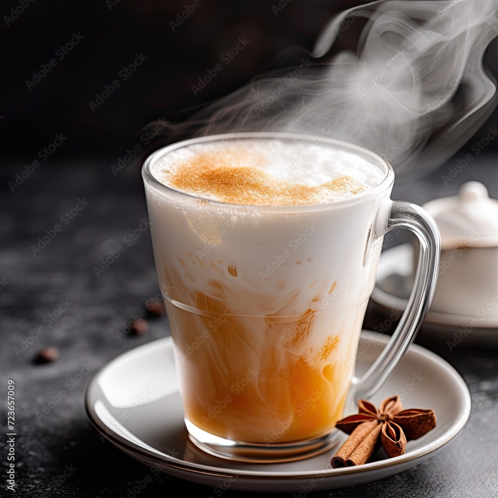 Steaming cup of beverage, possibly coffee or hot chocolate, aromatic with spices Steaming cup of beverage, possibly coffee or hot chocolate, aromatic with spices