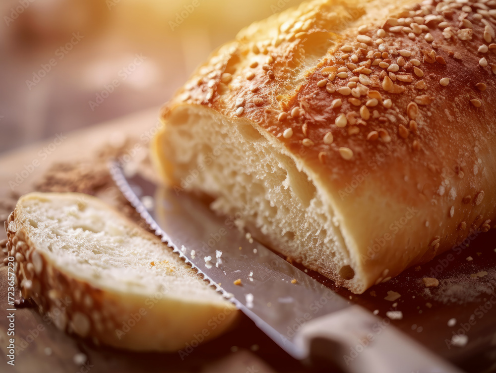 Knife cut a piece of fresh baguette Knife cut a piece of fresh baguette