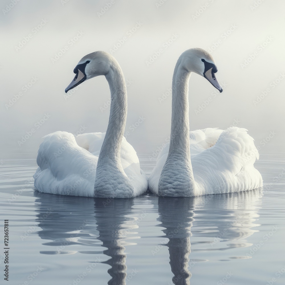 Fototapeta premium White Swans On Winter Lake On White Background, Illustrations Images
