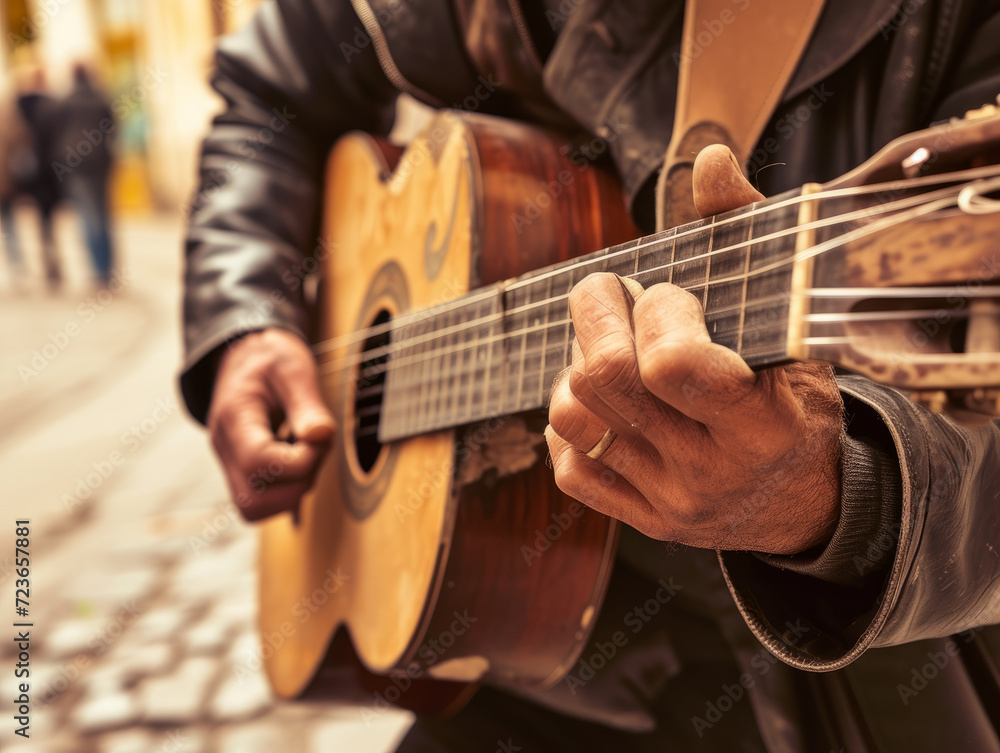Obraz premium Homeless man, street musician, playing guitar