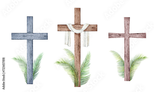Watercolor set of religious crosses with palm branches. Easter catholic religious symbol. Illustration for  Epiphany, Christening, baptism, cards, invitations.. photo