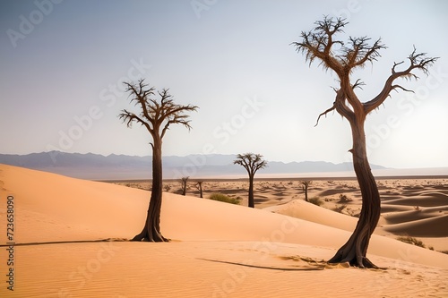 A-surreal-landscape-of-twisted-gnarled-trees-standing-tall-against-the-harsh-desert-sands,trees-in-the-desert