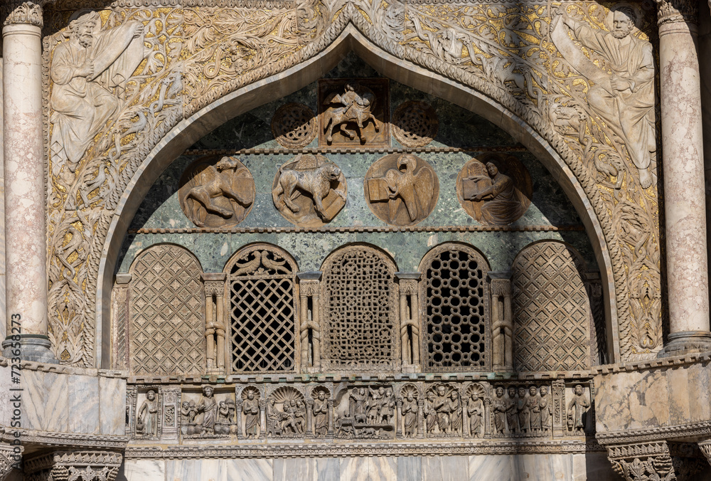 Reliefs and reliefs on the facade of Saint Mark's Basilica in Venice, Italy