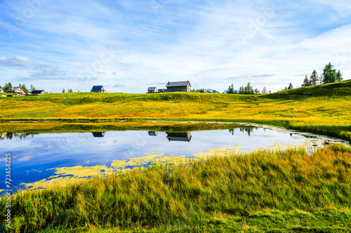 Tauplitzsee on the high plateau of the Tauplitzalm. View of the lake at the Totes Gebirge in Styria. Idyllic landscape by the lake on the Tauplitz in Austria. photo