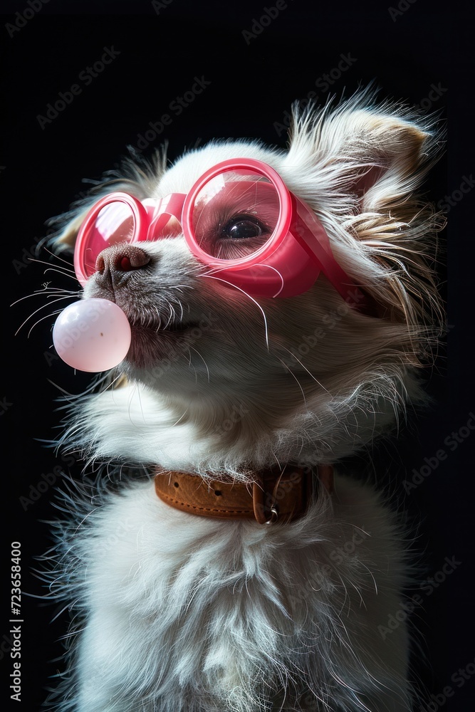 A white fluffy dog gazing upwards wearing pink round glasses and blowing a bubble gum, on a black background A white fluffy dog gazing upwards wearing pink round glasses and blowing a bubble gum, on a black background