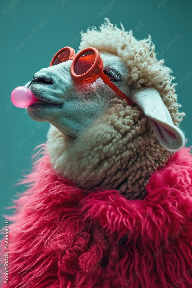 Fashion-forward sheep wearing orange headphones and blowing a bubblegum against a teal backdrop