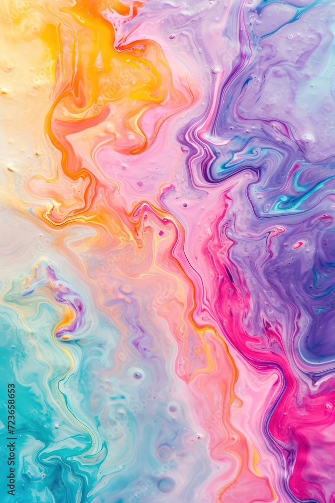 Colorful abstract with a fluid painting effect, blending yellow, pink, purple and blue pastels