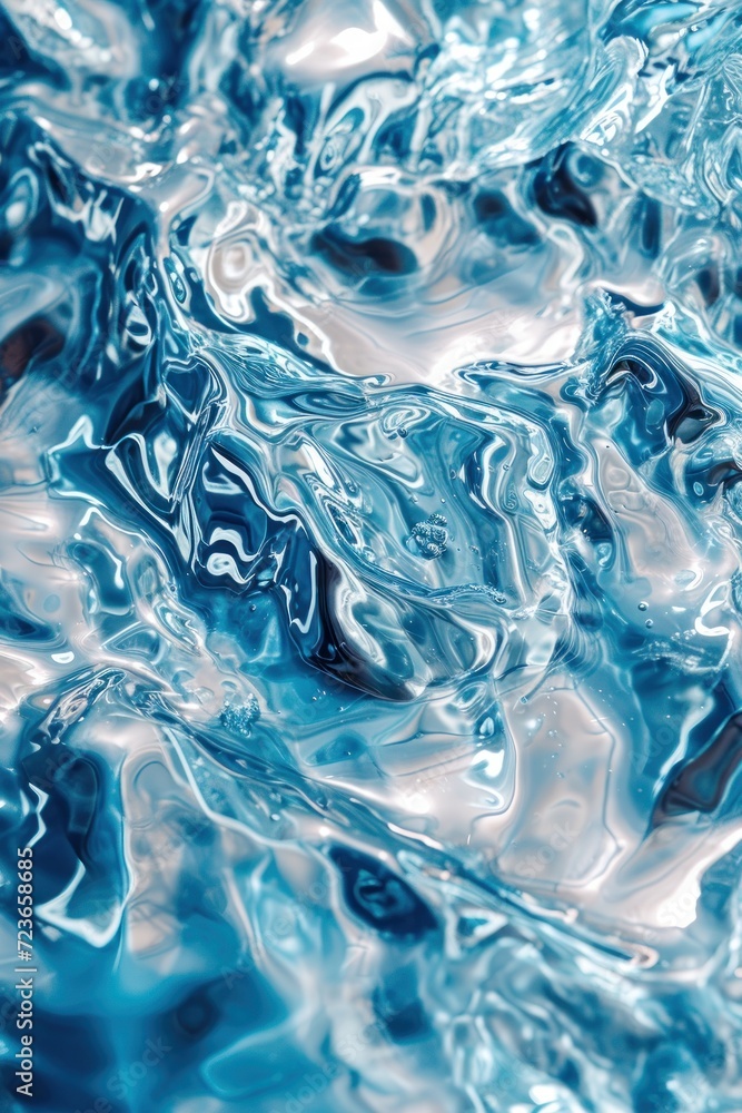 Close-up view of abstract liquid art with a rippled surface, primarily in cooling blue color tones