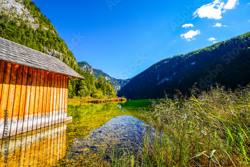 View of Lake Toplitz and the surrounding landscape. Idyllic nature by the lake in Styria in Austria. Mountain lake at the Dead Mountains in the Salzkammergut.
 photo