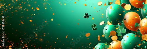 St. Patrick s Day card with Irish colored balloons on a green background  confetti and clover with gold coins  space for text. Banner.