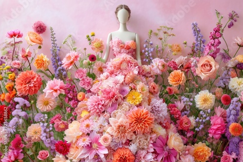Intricately designed fantasy floral dress sculpture made with vibrant flowers on pink background
