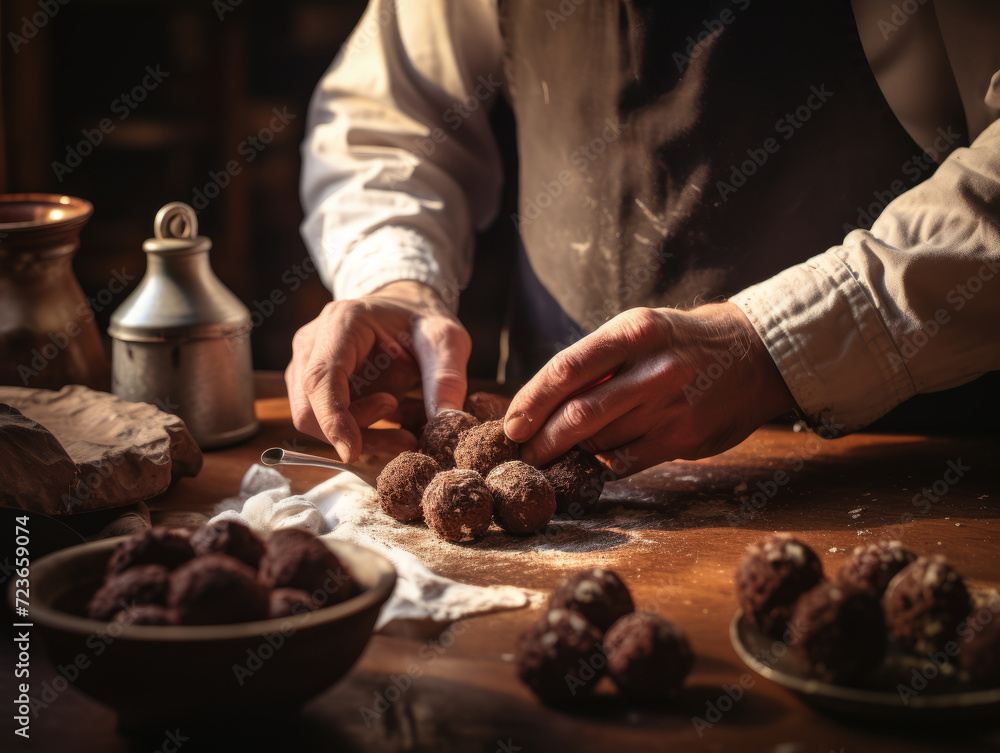 A professional chef worked tirelessly, preparing a dark chocolate dessert A professional chef worked tirelessly, preparing a dark chocolate dessert