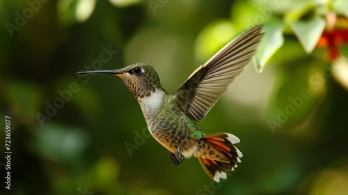 hummingbird in flight near blooming flowers in natural setting