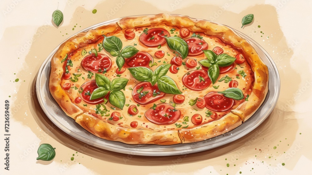 Artistic Illustration of Margherita Pizza with Fresh Basil - Kitchen Art