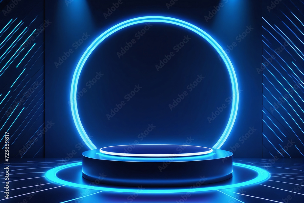 3D background with blue hologram round podium pedestal and circle glow neon, Vertical pattern wall scene - Product showing 3D background with blue hologram round podium pedestal and circle glow neon, Vertical pattern wall scene - Product showing