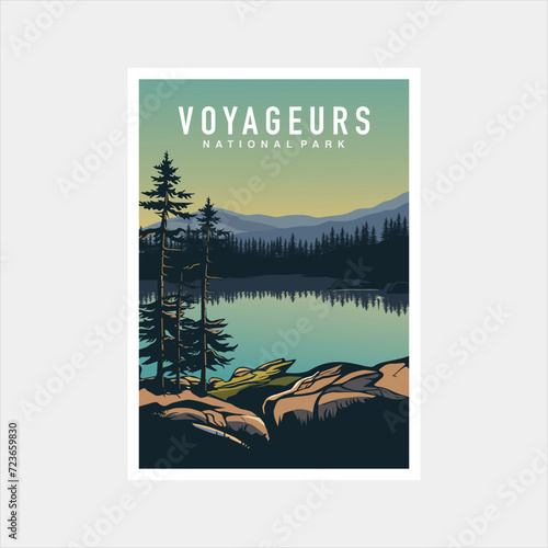 Emblem sticker patch logo illustration of Voyageurs National Park on dark background, lake and canoe vector badge