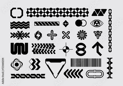 Futuristic abstract asset streetwear symbol element collection acid shape vector icon y2k Bundle HUD interface game technology separated editable