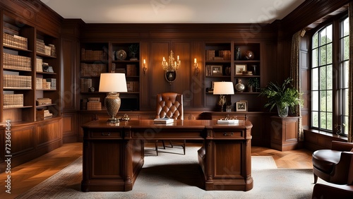 Capture the timeless elegance of a classic English manor office with rich wood paneling and antique decor, a sophisticated workspace steeped in tradition. photo