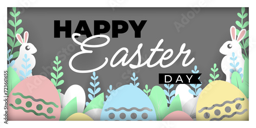 Happy easter background pink colorl paper cut style vector design