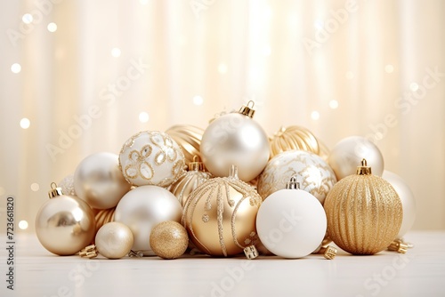 A bundle of gold and white Christmas ornaments scattered on a table