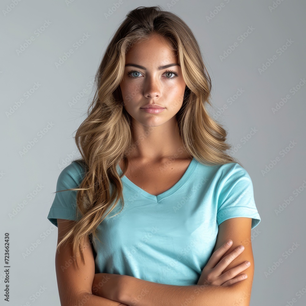 Fototapeta premium Young Beautiful Woman Wearing Turquoise Tee On White Background, Illustrations Images