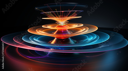 Colorful 3d model funnel flow, 5 layers,levitating, on dark blue background
