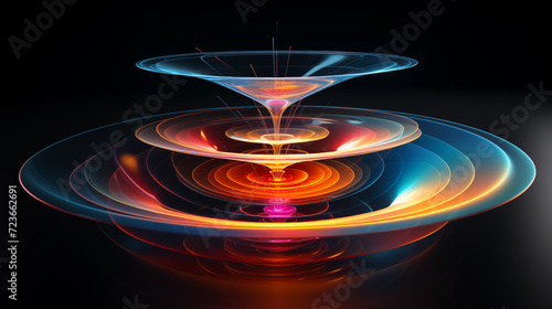 Colorful 3d model funnel flow, 5 layers,levitating, on dark blue background
