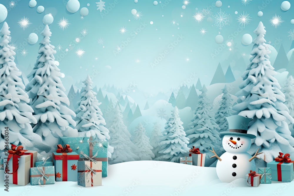 A Snowy Christmas Scene with a Snowman and Presents
