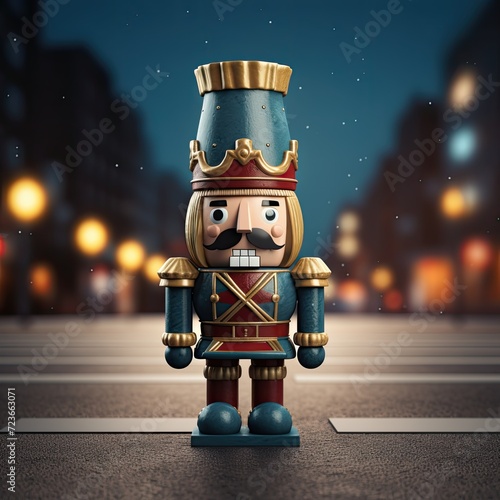 A whimsical wooden soldier toy with a mustache, goatee, and a drum photo