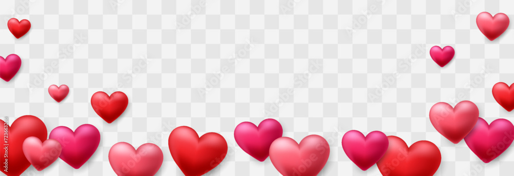 Valentines day love symbol, 3d vector hearts. Flying cute love hearts isolated on png. Realistic romantic emoji. Valentines day background. Wedding decor vector set