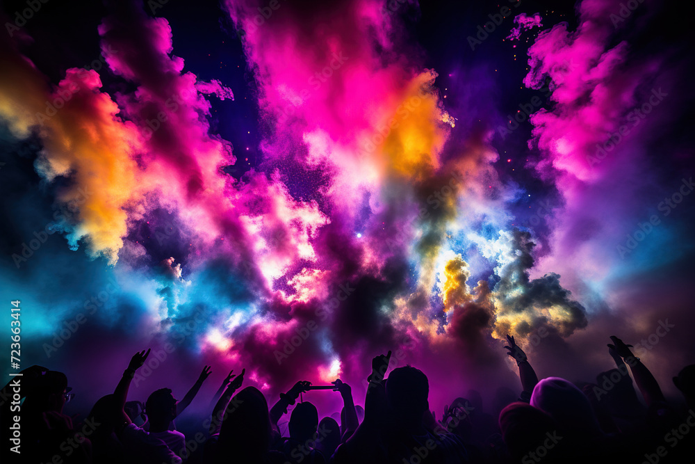 Explosive colours fill the air in celebration of the Holi Festival with a cheerful multitude. It is celebrated with music and dance. Spring and love festival.