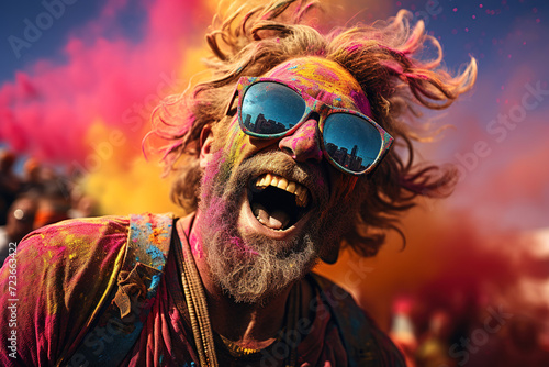 Portrait of a cheerful older man with his beard and hair splashed with bright colours during the Holi festival, showing the playful and vibrant essence of the event. Festival of spring and love.