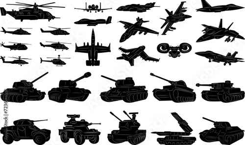 battle tanks and planes set of silhouettes  vector