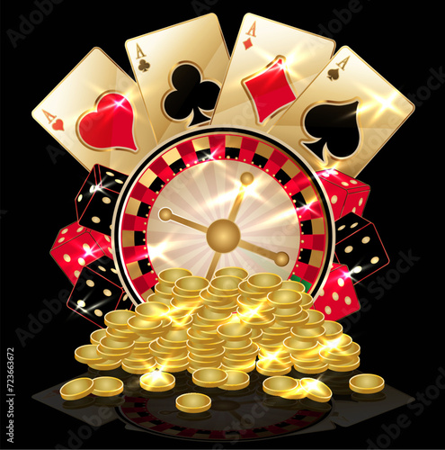 Casino background with poker cards and golden coins, vector illustration