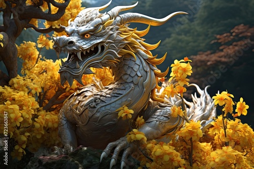 Chinese Dragon Statue Encountering Yellow Flowers