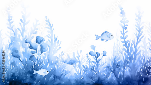 coral reef underwater  blue watercolor illustration  fish and corals ocean nature  cartoon image on white background
