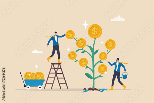 Investment growth, wealth management or savings to gain interest, passive income or harvest profit or dividend, earning money or prosperity concept, businessman help grow money and harvesting profit.