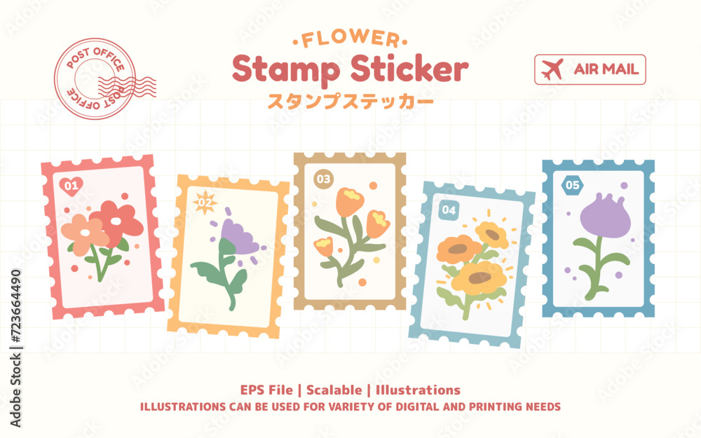 Cute flower stamp sticker illustrations collection. Different postal labels for envelopes and postcards. Colorful flat vector illustration isolated.