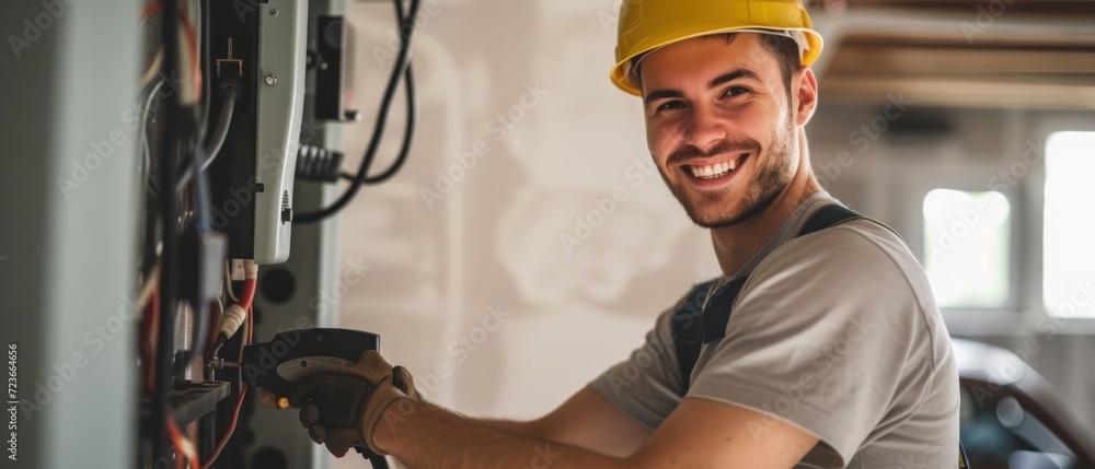 Electrician man smiling and installing a home charging. Electrician man smiling and installing a home charging.