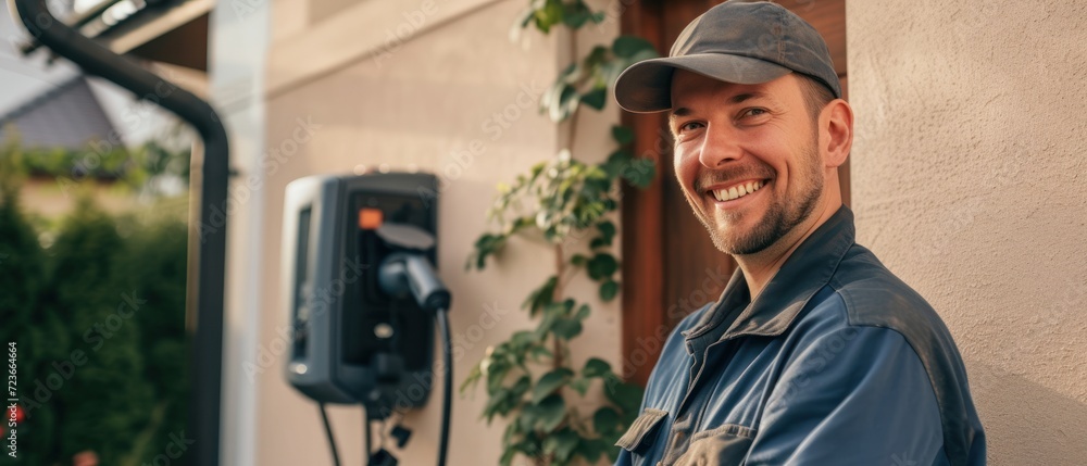 Electrician man smiling and installing a home charging. Electrician man smiling and installing a home charging.