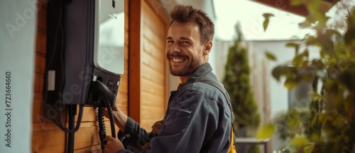 Electrician man smiling and installing a home charging.